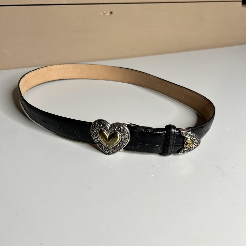Brighton Black Croc Embossed Leather Heart Buckle Belt Mixed Metal Silver Gold M
